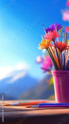 Brighten Your Creative Space with Colorful Paintbrushes and Flowers photo