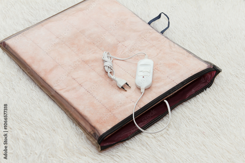A warm two-sided new electric sheet, lies assembled in packaging, and on top of sheet lie a temperature switch and a white fork A warm two-sided new electric sheet, lies assembled in packaging, and on top of sheet lie a temperature switch and a white fork