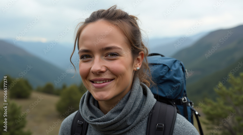 Captivating Outdoor Portrait of Diverse Hiker in Scenic Mountain Landscape - Authentic Adventure Stock Photo Captivating Outdoor Portrait of Diverse Hiker in Scenic Mountain Landscape - Authentic Adventure Stock Photo