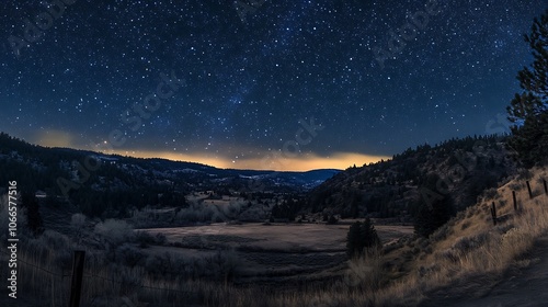 A starry night sky over a dark forest valley