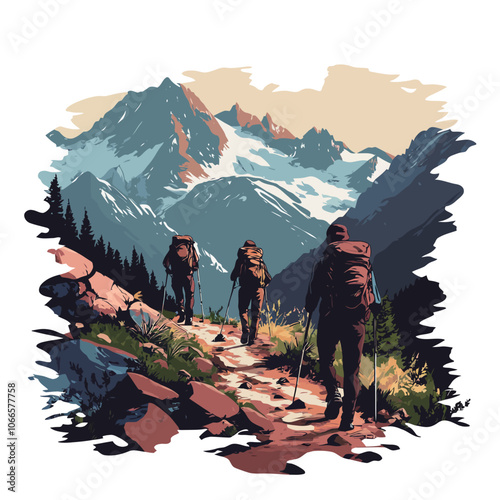 Hiking in the mountains. Hikers in the mountains. Vector illustration.