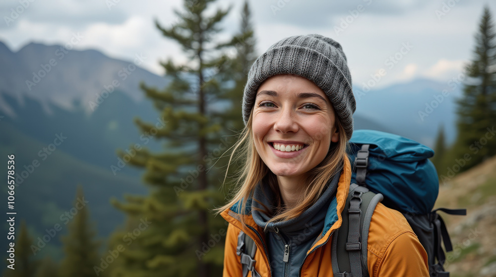 Captivating Outdoor Portrait of Diverse Hiker in Scenic Mountain Landscape - Authentic Adventure Stock Photo Captivating Outdoor Portrait of Diverse Hiker in Scenic Mountain Landscape - Authentic Adventure Stock Photo