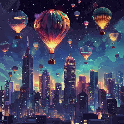 Hot air balloons flying over the city at night. Vector illustration