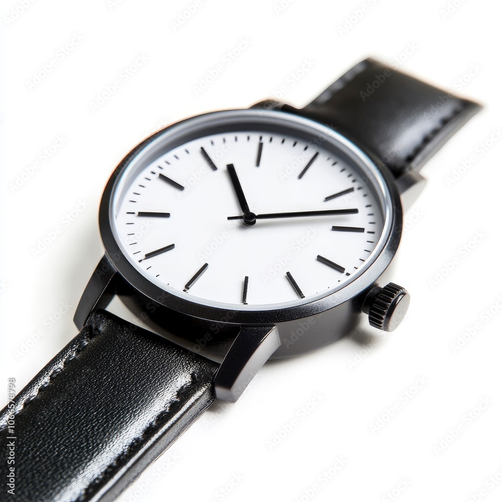 Close-up of a black wristwatch with a white face. Close-up of a black wristwatch with a white face.