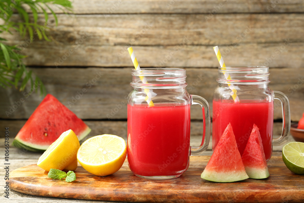 Tasty watermelon drink in mason jars and fresh fruits on wooden table Tasty watermelon drink in mason jars and fresh fruits on wooden table