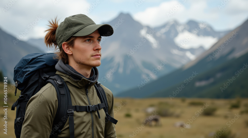 Captivating Outdoor Portrait of Diverse Hiker in Scenic Mountain Landscape - Authentic Adventure Stock Photo Captivating Outdoor Portrait of Diverse Hiker in Scenic Mountain Landscape - Authentic Adventure Stock Photo