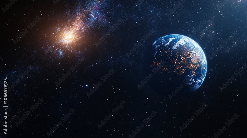 Fototapeta premium Stunning view of Earth from space, highlighting vibrant colors and city lights at twilight