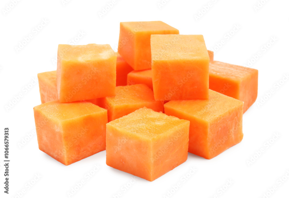 Pieces of raw sweet potato isolated on white Pieces of raw sweet potato isolated on white