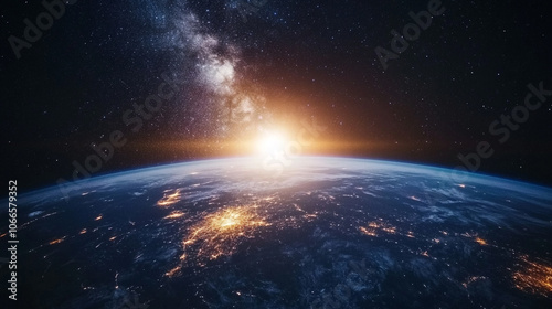 A breathtaking view of Earth with the sunrise illuminating the planet's surface and stars in orbit