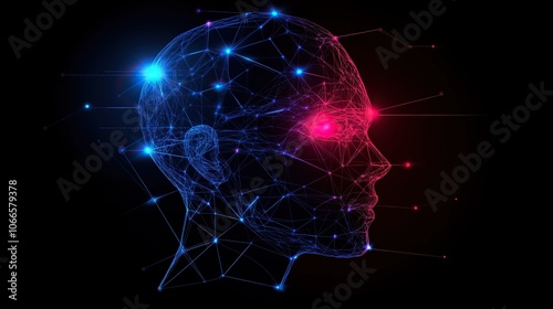 AI or artificial intelligence with the computer brain as a neural network. Programming and Deep machine learning of neural network. Robot Head with cybernetically mind. photo