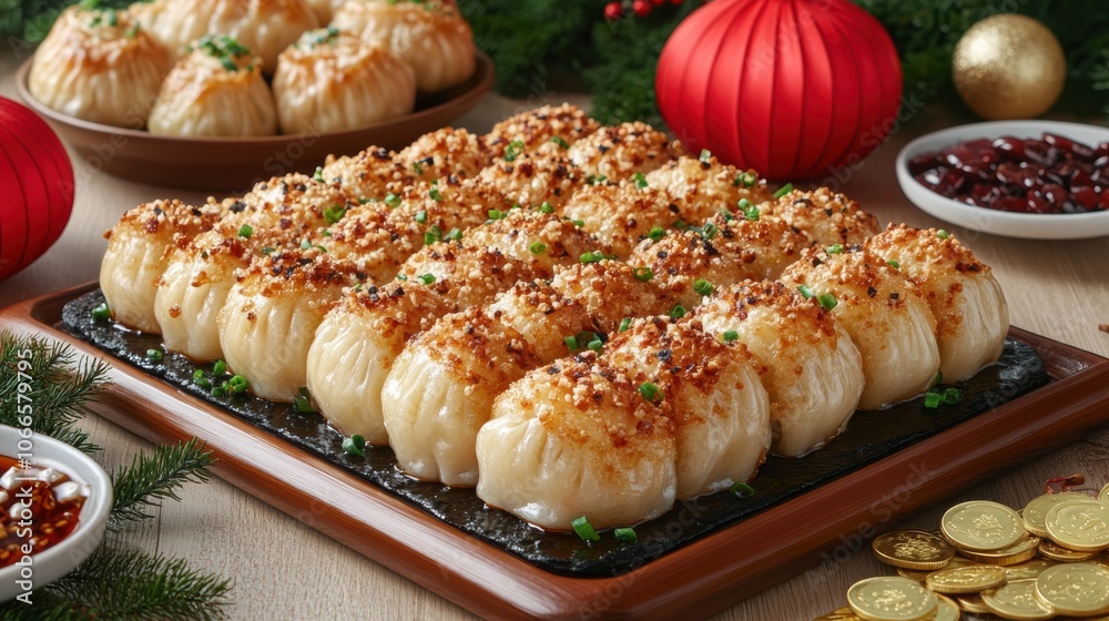 Chinese dumplings arranged in a traditional setting with elements like red lanterns, gold coins, and festive decorations, symbolizing wealth and blessings in Chinese culture Chinese dumplings arranged in a traditional setting with elements like red lanterns, gold coins, and festive decorations, symbolizing wealth and blessings in Chinese culture