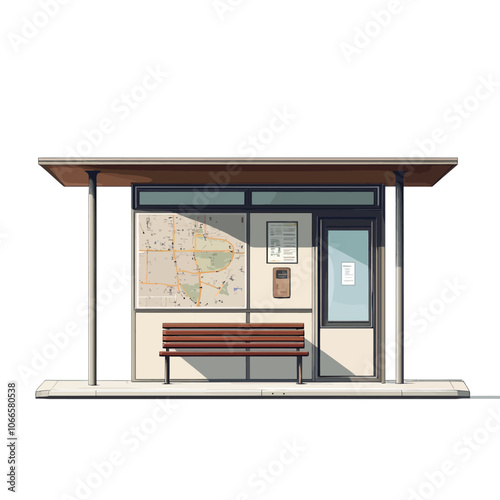 Illustration of a bus stop with a map and a bench on a white background 