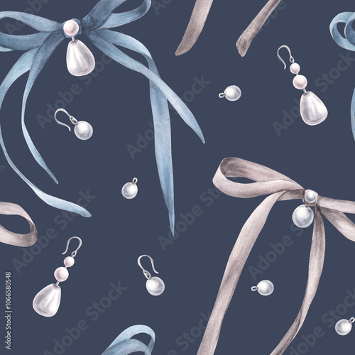 Quadro em tela Watercolor bows, ribbons and pearl earrings seamless pattern