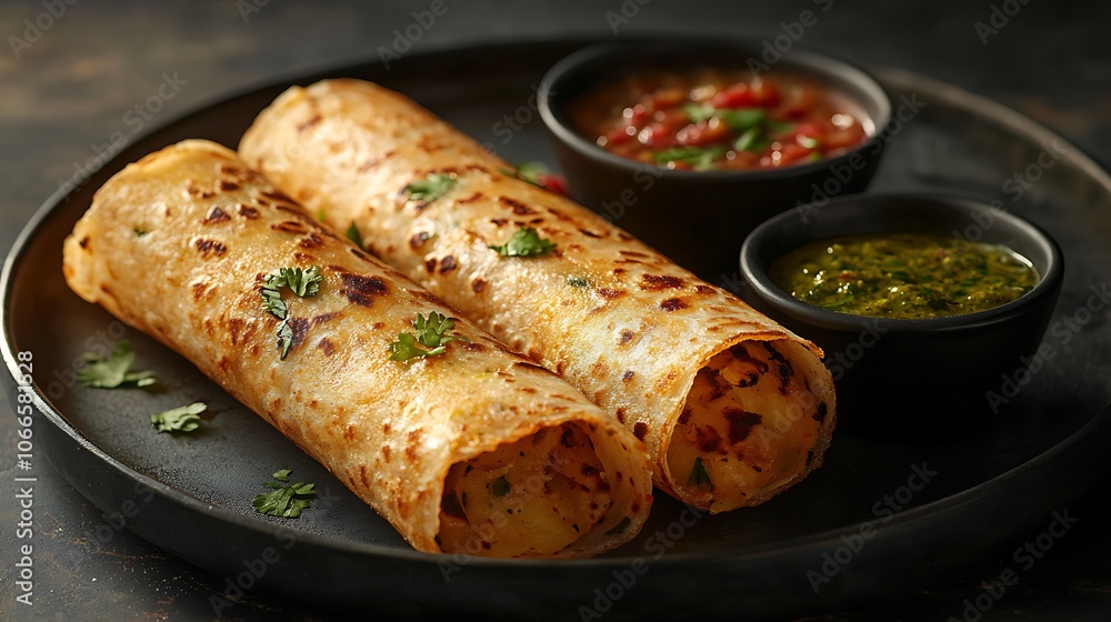 Two thin dosa rolls with Indian food filling Two thin dosa rolls with Indian food filling