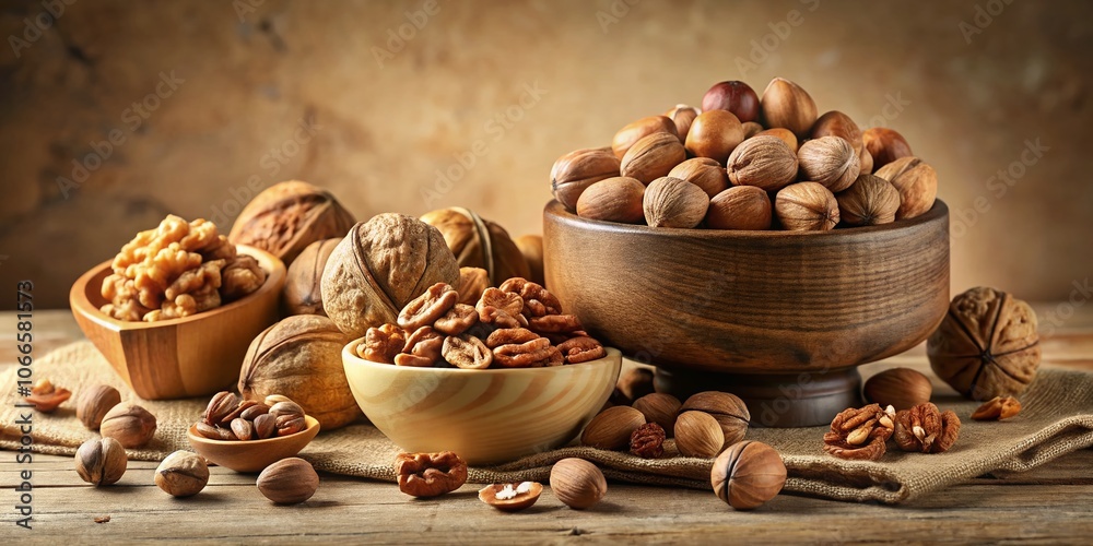 Architectural Photography of Marco Walnut Surrounded by Assorted Nuts on a Beige Background - Healthy Nutrition Concept Architectural Photography of Marco Walnut Surrounded by Assorted Nuts on a Beige Background - Healthy Nutrition Concept