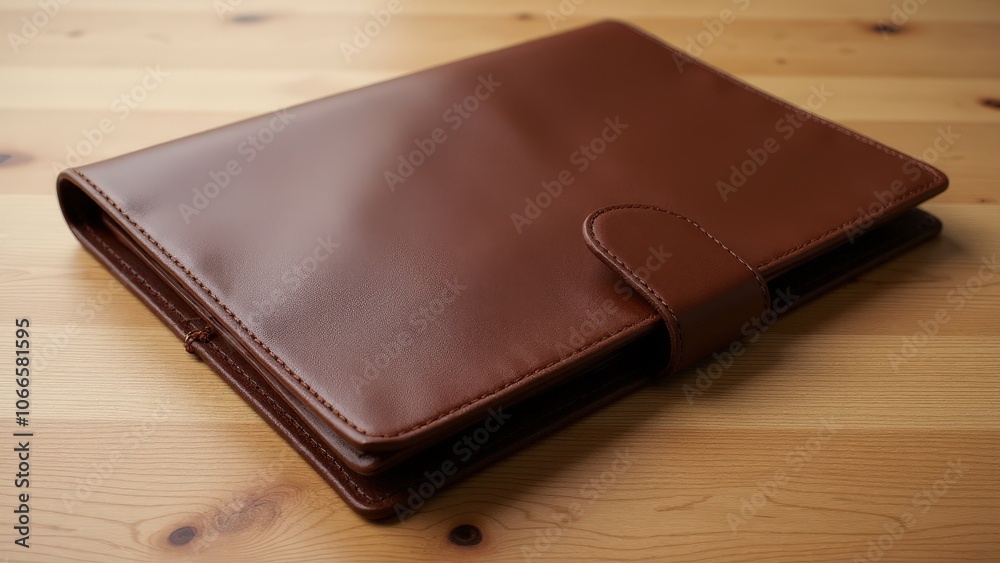 Realistic leather folder for documents with visible grain on wood, perfect for high-end branding. Realistic leather folder for documents with visible grain on wood, perfect for high-end branding.
