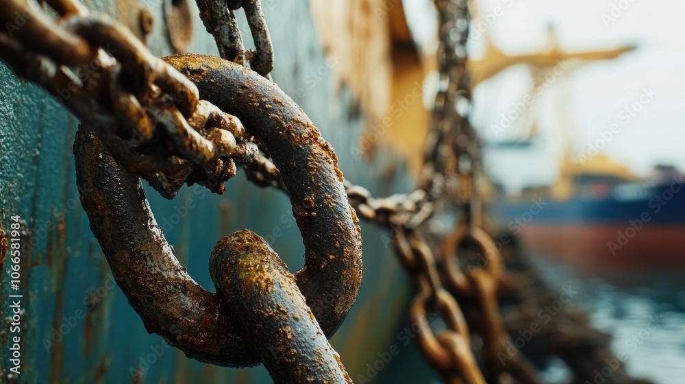 Close-up of corroded chain links attached to an old boat moored in the harbor. The early morning light casts a warm glow on the scene, highlighting the texture of the metal. Close-up of corroded chain links attached to an old boat moored in the harbor. The early morning light casts a warm glow on the scene, highlighting the texture of the metal.