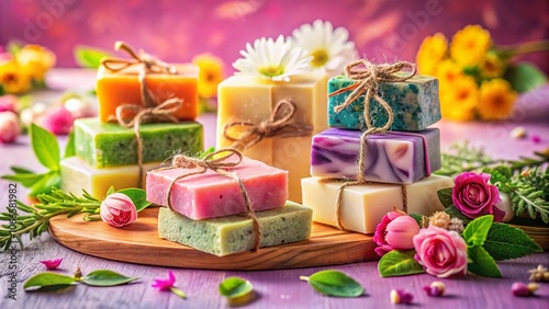 Artisanal Handmade Soaps with Natural Ingredients on Pink Backdrop - Unique Organic Bath Products for Self-Care and Relaxation, Perfect for Gifts and Home Decor