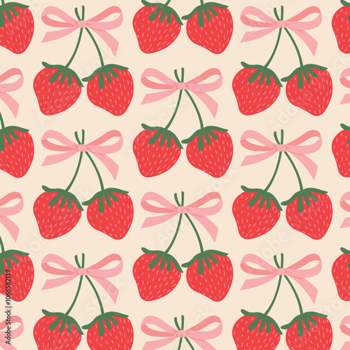 Seamless pattern red strawberries with pink ribbon bow style.