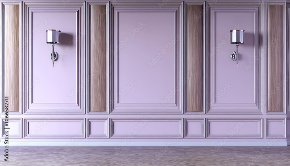 3D classic design featuring lilac wall, wood panels, and silver sconces. 3D classic design featuring lilac wall, wood panels, and silver sconces.