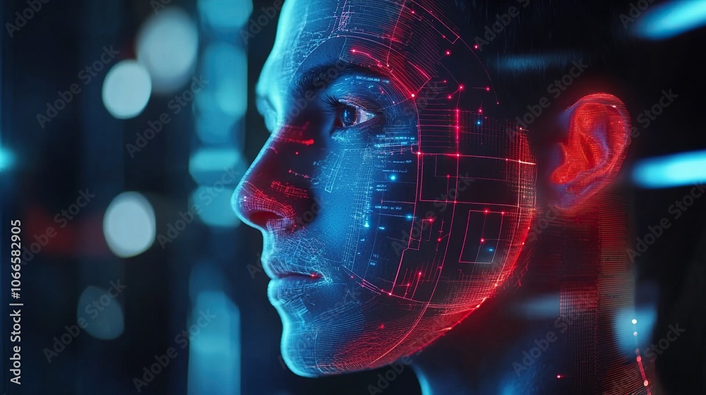 Facial recognition technology for industry worker to access machine control . Future concept interface showing digital biometric security system that analyze human face to verify personal data Facial recognition technology for industry worker to access machine control . Future concept interface showing digital biometric security system that analyze human face to verify personal data