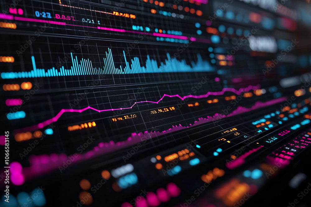 Data visualization with financial trends and analytics in neon colors Data visualization with financial trends and analytics in neon colors