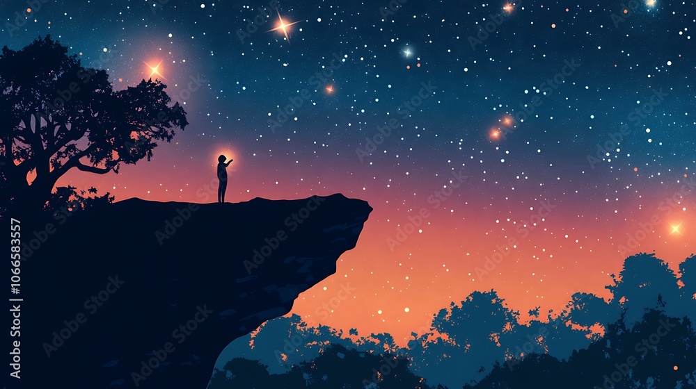 A lone figure silhouetted against a starry night sky, standing on a cliff edge. A lone figure silhouetted against a starry night sky, standing on a cliff edge.