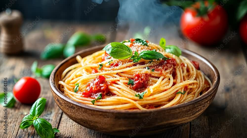 A steaming bowl of spaghetti with tomato sauce, basil, and parmesan cheese sits on a wooden table
