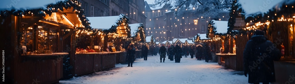 Obraz premium A Snowy Night at a Christmas Market with Illuminated Wooden Stalls
