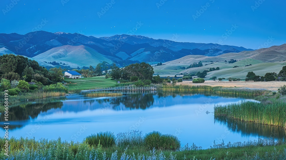 Naklejka premium Serene Landscape with Lake and Mountain Background