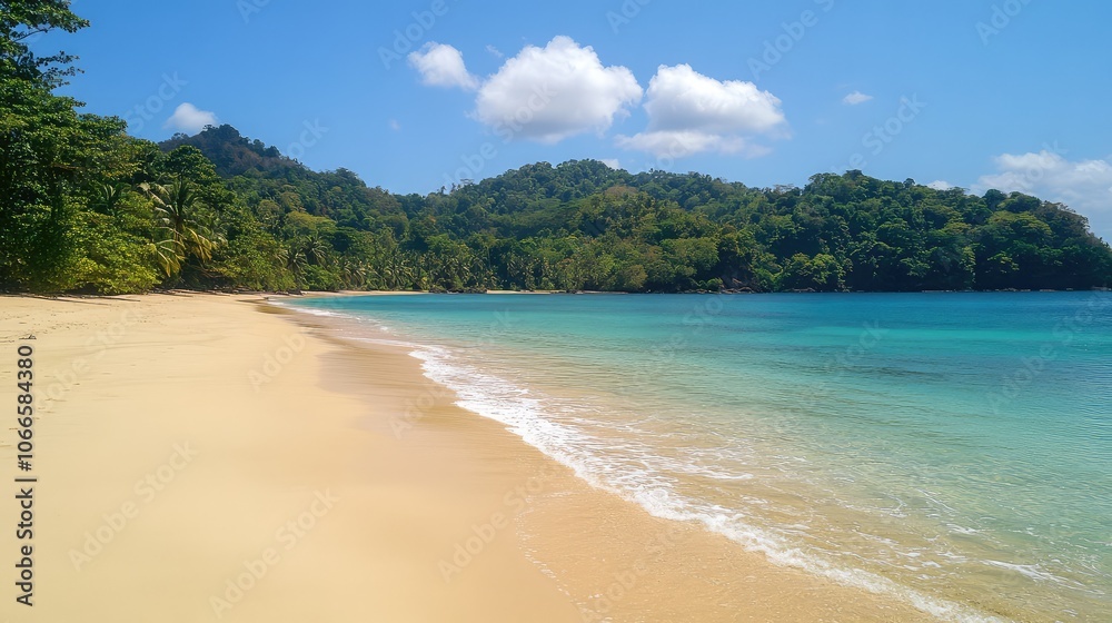 Serene Beach with Clear Water and Lush Greenery Serene Beach with Clear Water and Lush Greenery