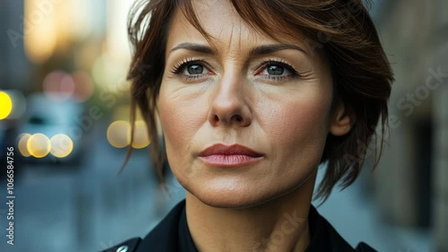 middle age police officer woman serious face expression