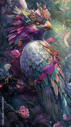 Wallpaper Mural A Vibrant Fantasy Bird with Ornate Details and Glowing Eyes in an Enchanted Forest Torontodigital.ca