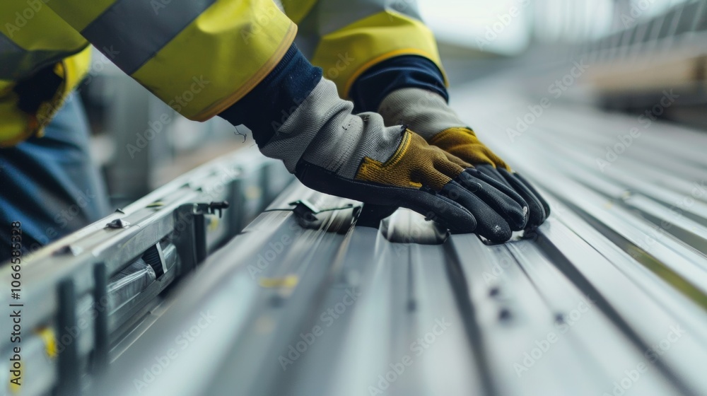 A worker wearing protective gear while handling the panels emphasizing the importance of safety during the installation. A worker wearing protective gear while handling the panels emphasizing the importance of safety during the installation.