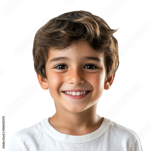 Smiling young boy with light brown hair, close-up portrait showing cheerful and joyful personality, casual look in grey t-shirt, isolated image on transparent background