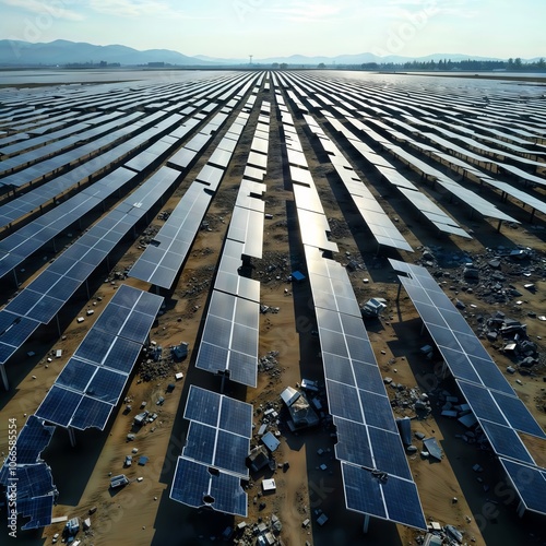 Solar panel field. A vast field of solar panels with some damaged units, set against a backdrop of distant mountains and a clear sky.
