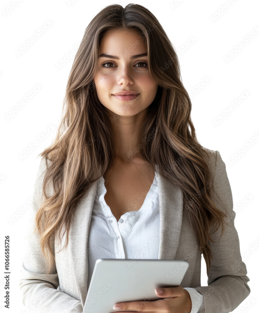 Young businesswoman holding tablet, professional appearance, smiling with wavy hair, isolated image on transparent background