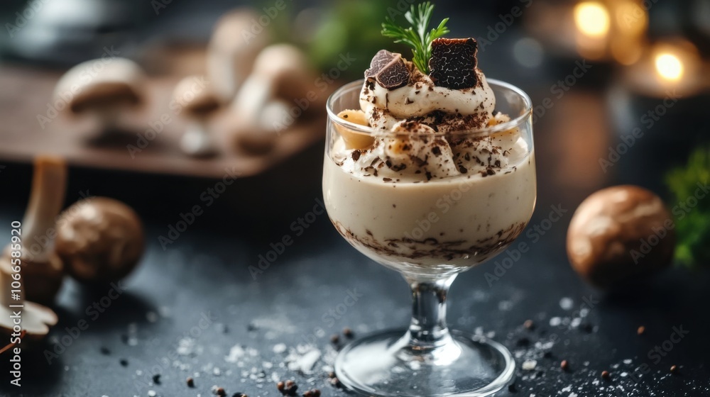 Gourmet Mushroom Truffle Amuse Bouche in Glass Dish Gourmet Mushroom Truffle Amuse Bouche in Glass Dish