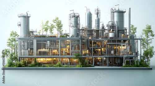 futuristic gasification plant featuring advanced technology and greenery. structure showcases industrial elements with pipes, tanks, and integrated nature, symbolizing innovation and sustainability