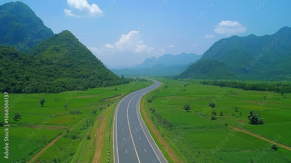 Serene Curved Highway Through Lush Green Landscape Serene Curved Highway Through Lush Green Landscape