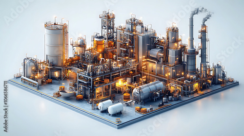 Fototapeta Naklejka Na Ścianę i Meble -  detailed 3D illustration of entire fossil fuel processing plant, showcasing intricate machinery, storage tanks, and industrial structures. scene is illuminated, highlighting complexity of facility