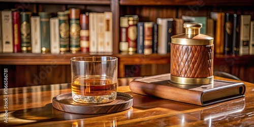 A glass of whiskey on a wooden table with classic vintage decor