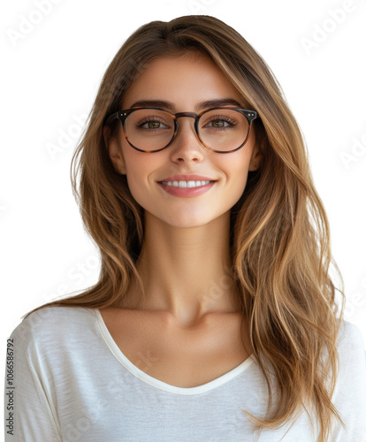 Smiling young woman with glasses, wearing casual white shirt, natural beauty, long hair, isolated portrait, fashion eyewear, on transparent background