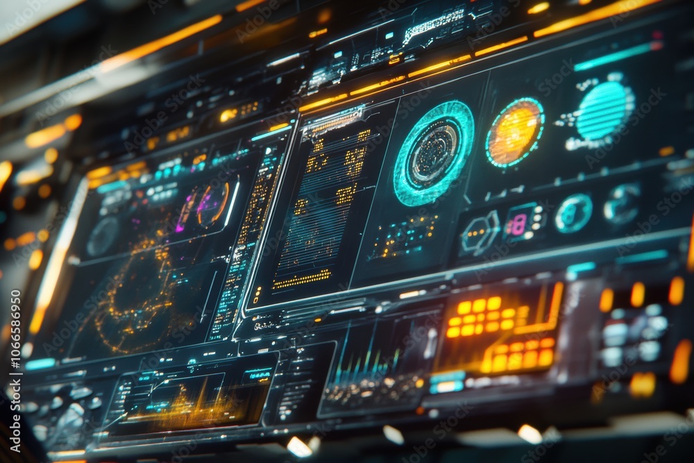 Holographic interface background with floating virtual buttons and data streams Holographic interface background with floating virtual buttons and data streams