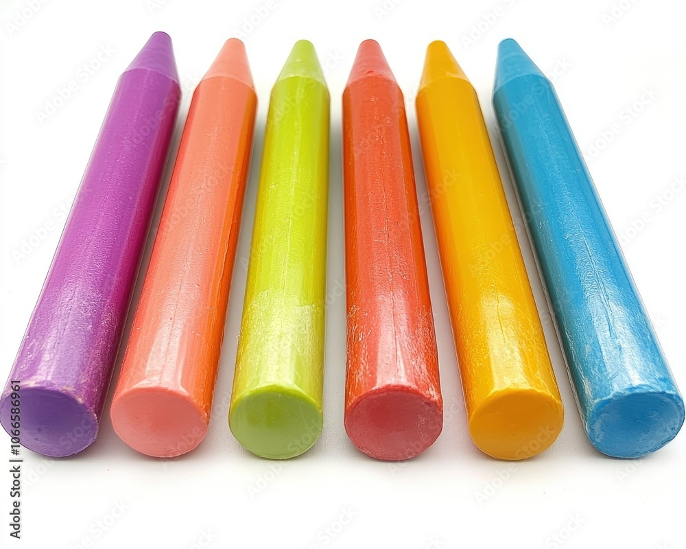 Colorful crayons arranged in a row on a white background.