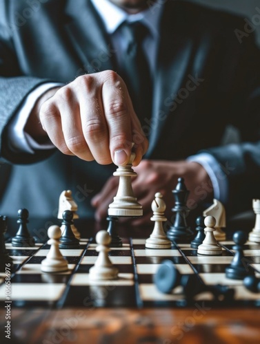 A man in a suit is playing chess on the board. AI.