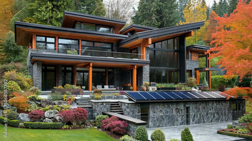 A modern home with solar panels sits nestled among the trees in a lush, green landscape A modern home with solar panels sits nestled among the trees in a lush, green landscape
