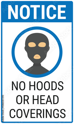 No hoods or head coverings joke notice sign. Vector illustration of a man wearing a dark face mask