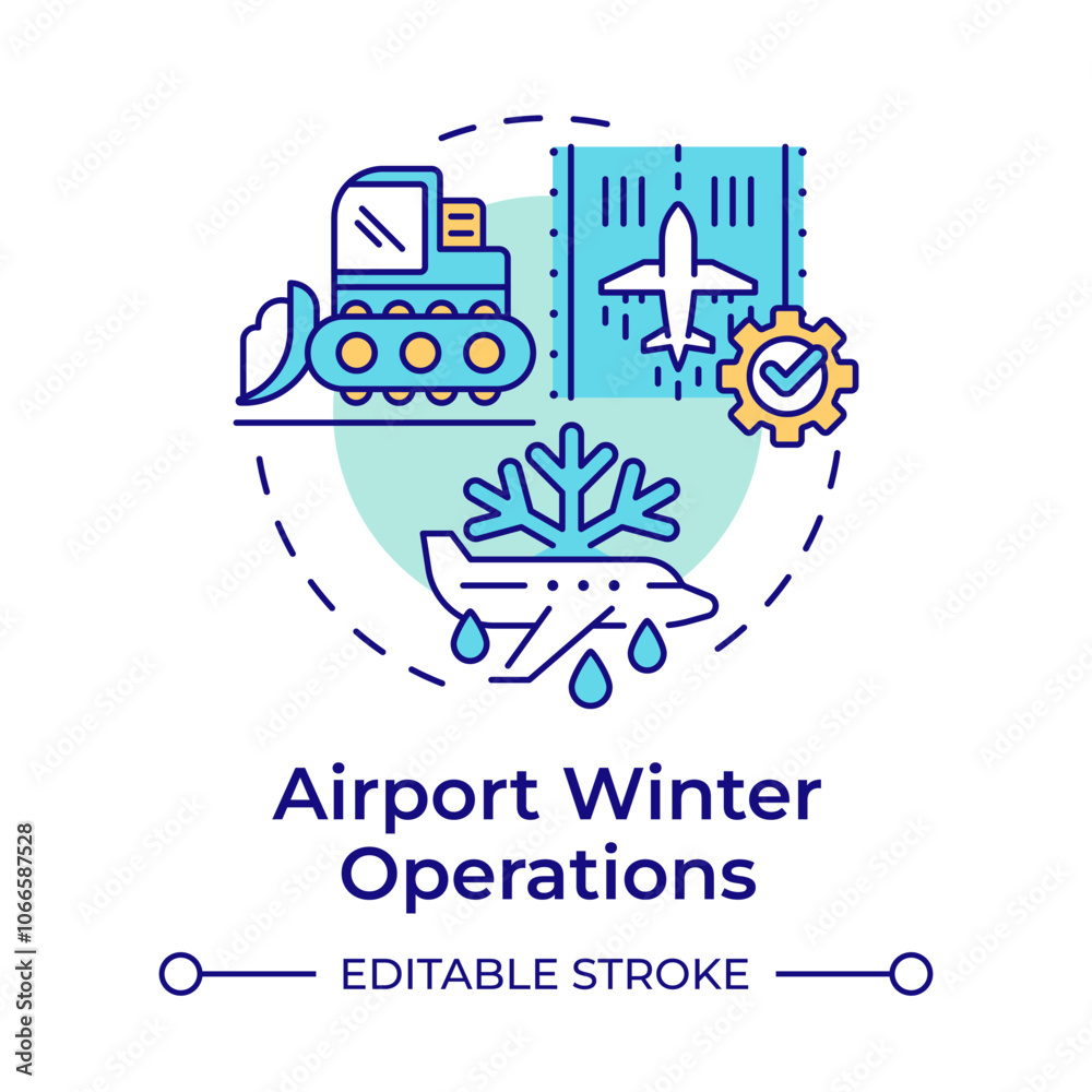 Fototapeta premium Airport winter operations multi color concept icon. Ground service, deicing. Engineering, airplane. Round shape line illustration. Abstract idea. Graphic design. Easy to use in infographic