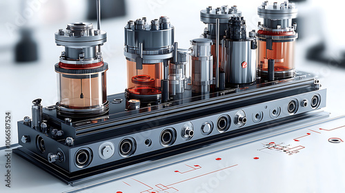 3D illustration of octane rating testing equipment featuring metallic components, glass containers, and intricate details, showcasing advanced technology in automotive testing
